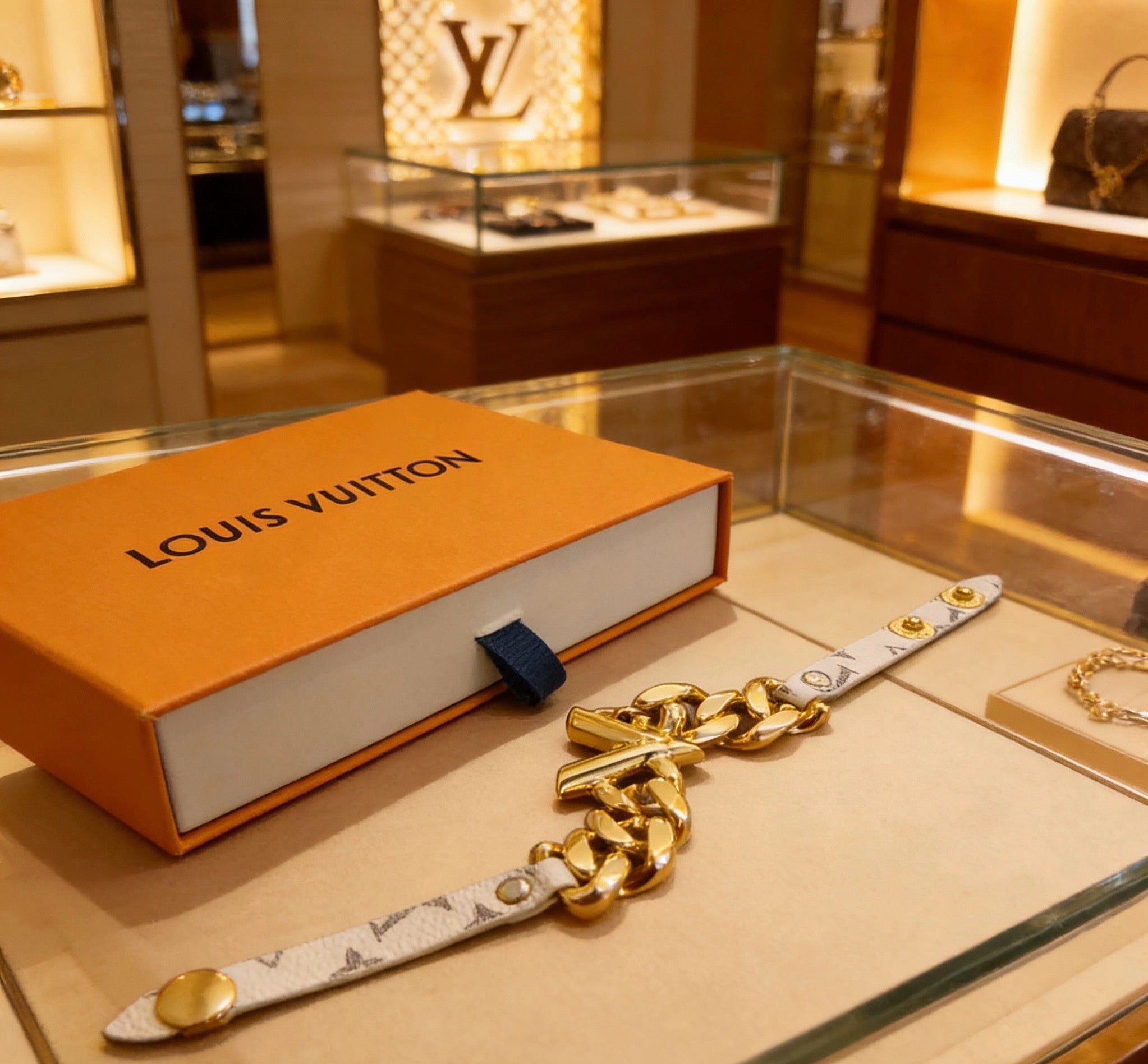 LOUIS VUITTON Style Monogram White Canvas Gold-Tone Chunky Chain Integrated LV Emblem Slim Leather Bracelet
