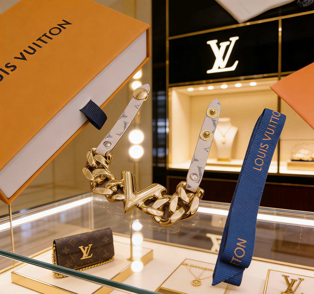 LOUIS VUITTON Style Monogram White Canvas Gold-Tone Chunky Chain Integrated LV Emblem Slim Leather Bracelet