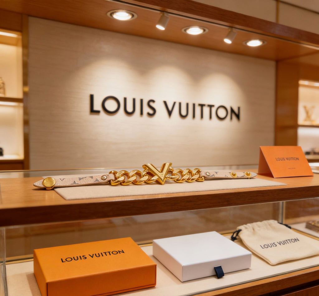 LOUIS VUITTON Style Monogram White Canvas Gold-Tone Chunky Chain Integrated LV Emblem Slim Leather Bracelet
