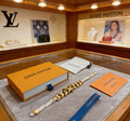 LOUIS VUITTON Style Monogram White Canvas Gold-Tone Chunky Chain Integrated LV Emblem Slim Leather Bracelet