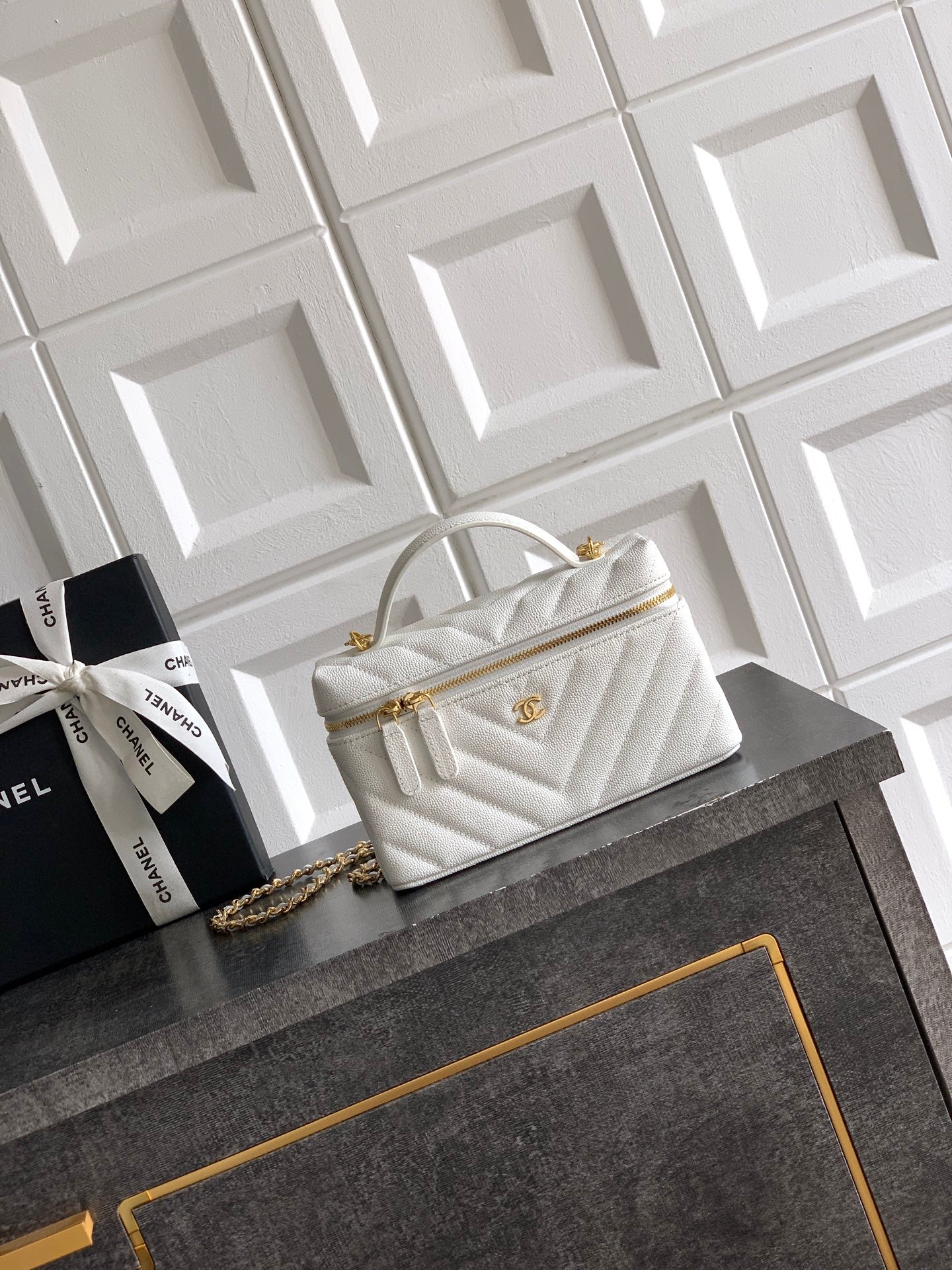 Chanel 26P Lunchbox Vanity Bag — Milk White Caviar Leather with Antique Gold Hardware