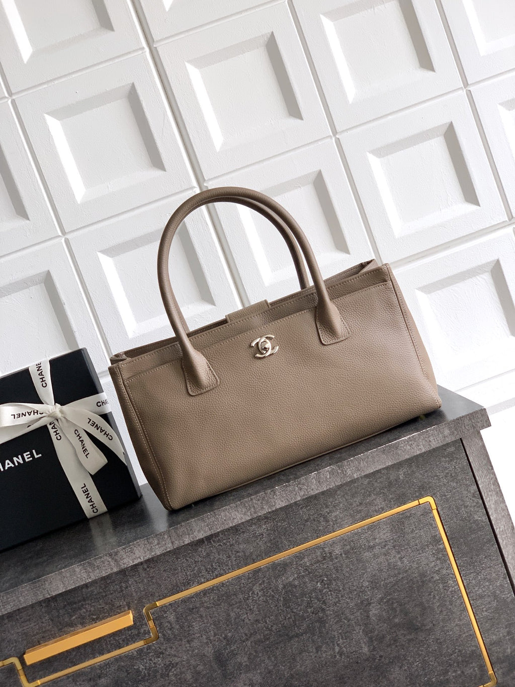 Chanel Executive Cerf Tote Small — Dark Taupe Caviar Leather with Gold Hardware