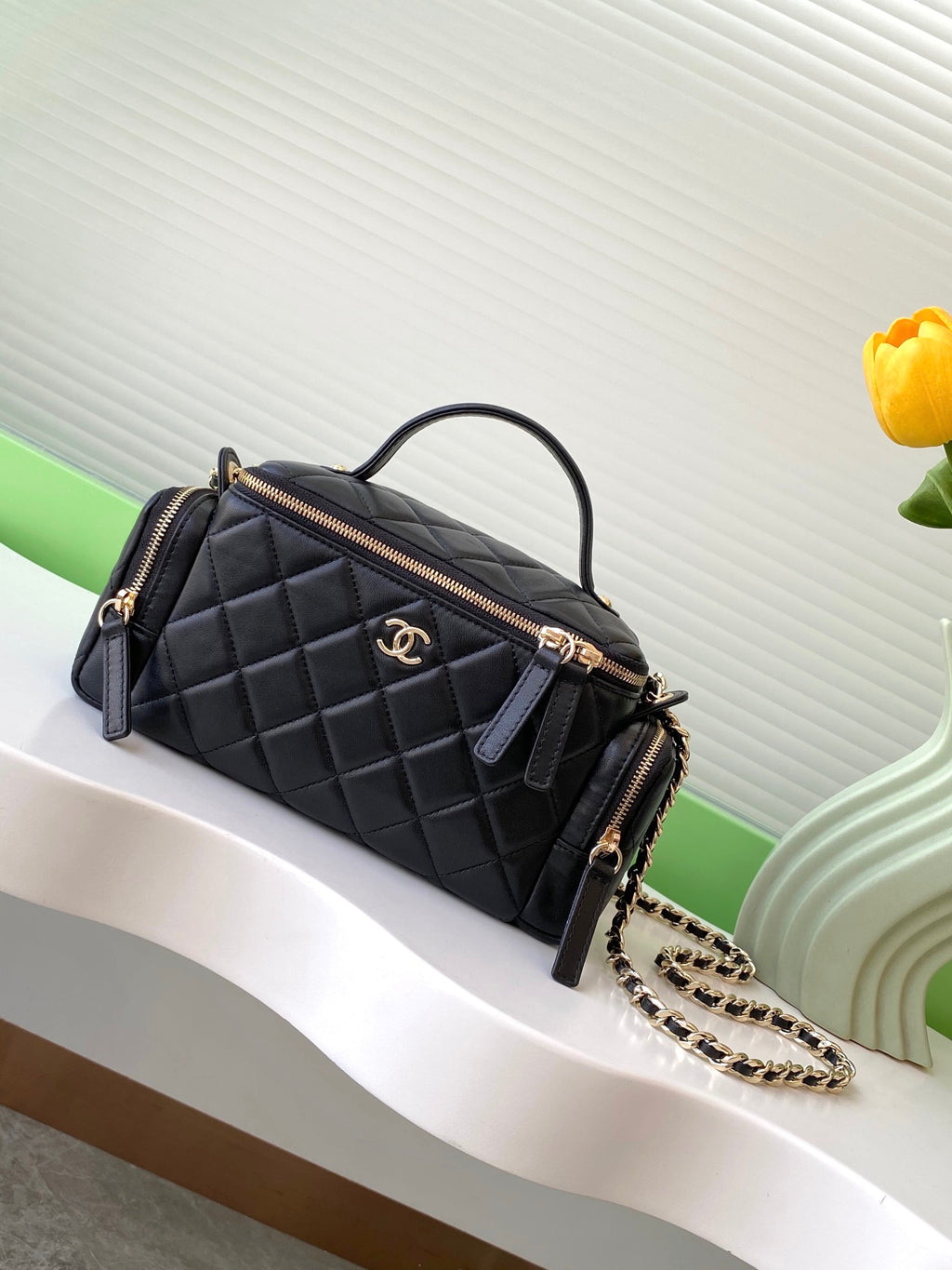Chanel 24K Quilted Lambskin Camera Bag — Black with Silver Hardware