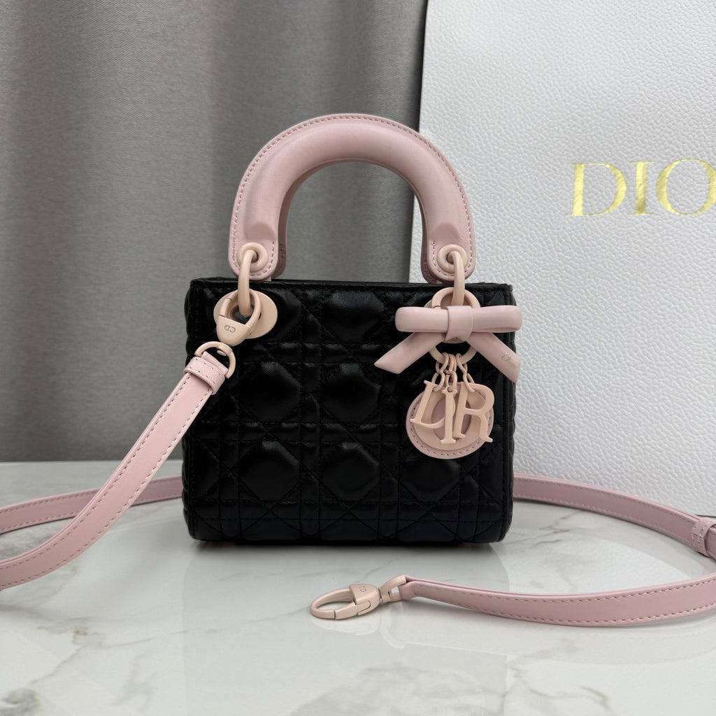Dior Mini Lady Bag — Black & Blush Pink Two-Tone Matte Cannage Lambskin with Pink Matte Hardware