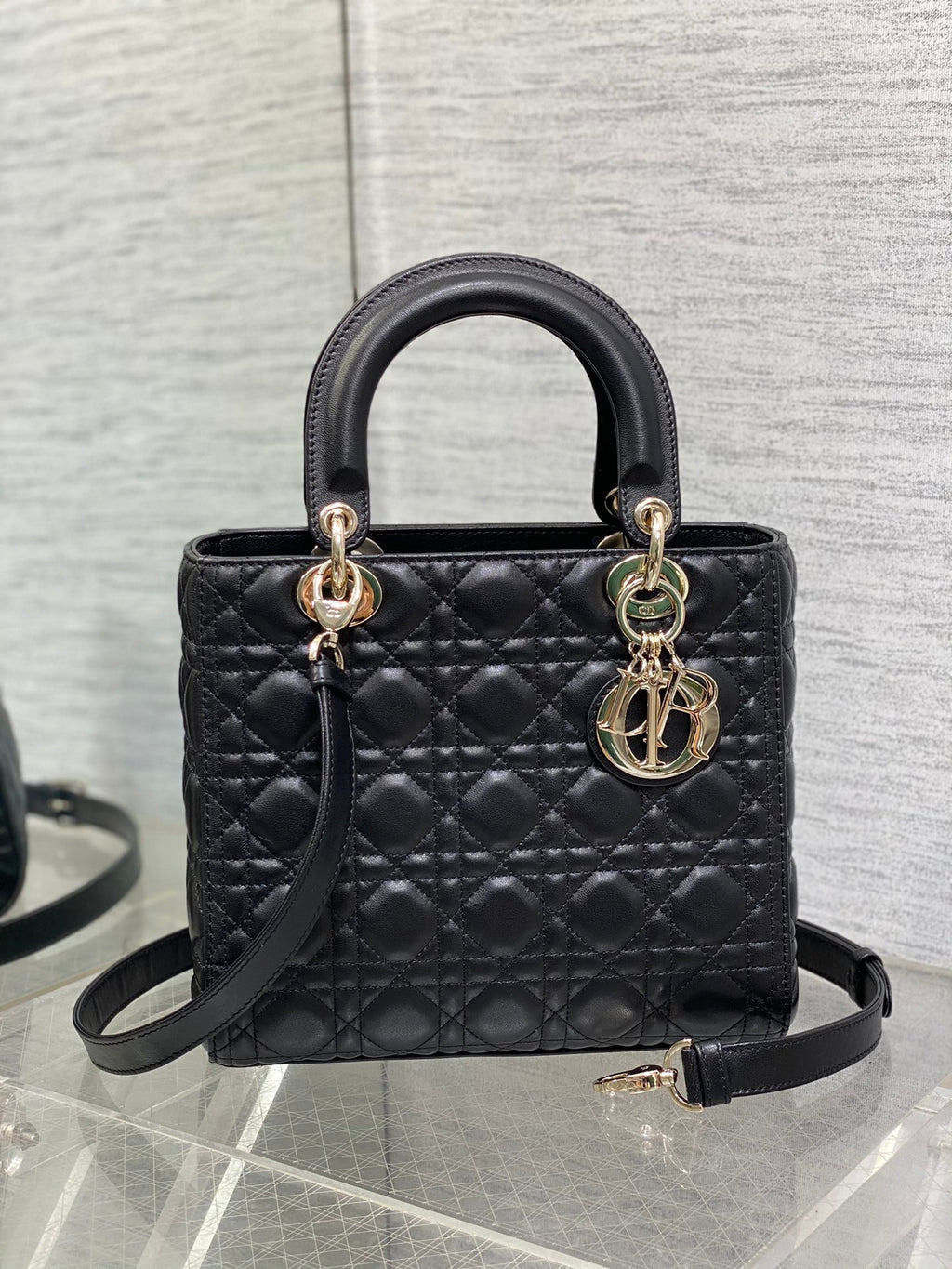 Dior Lady Dior Large Bag Black Cannage Lambskin Light Gold Hardware