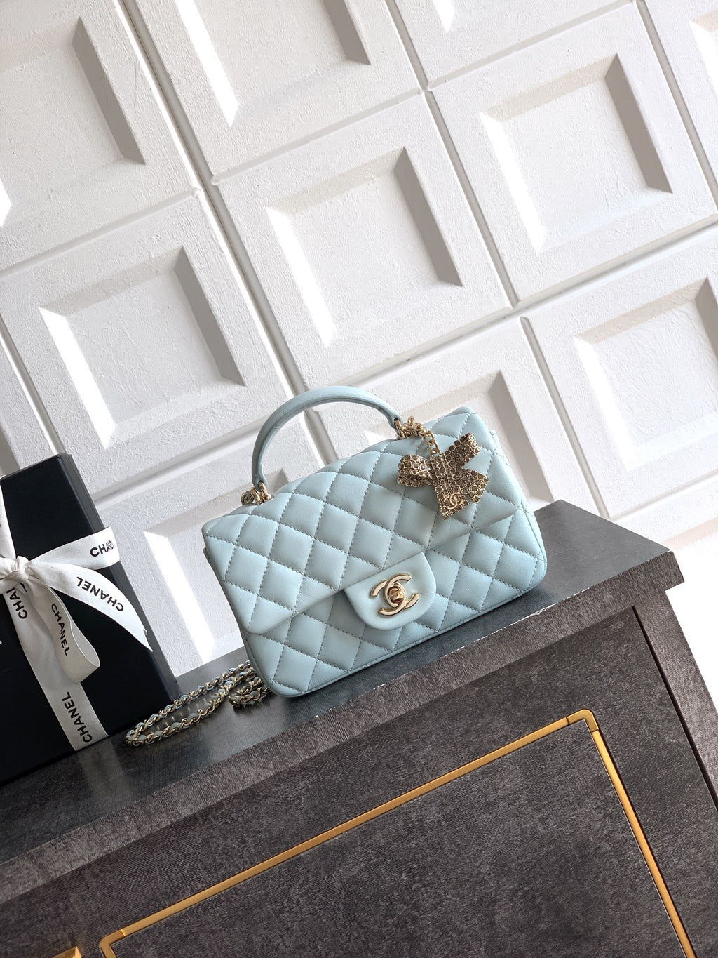 Chanel 25K Coco Handle Mini CF — Baby Blue Lambskin with Crystal Bow & Silver Hardware