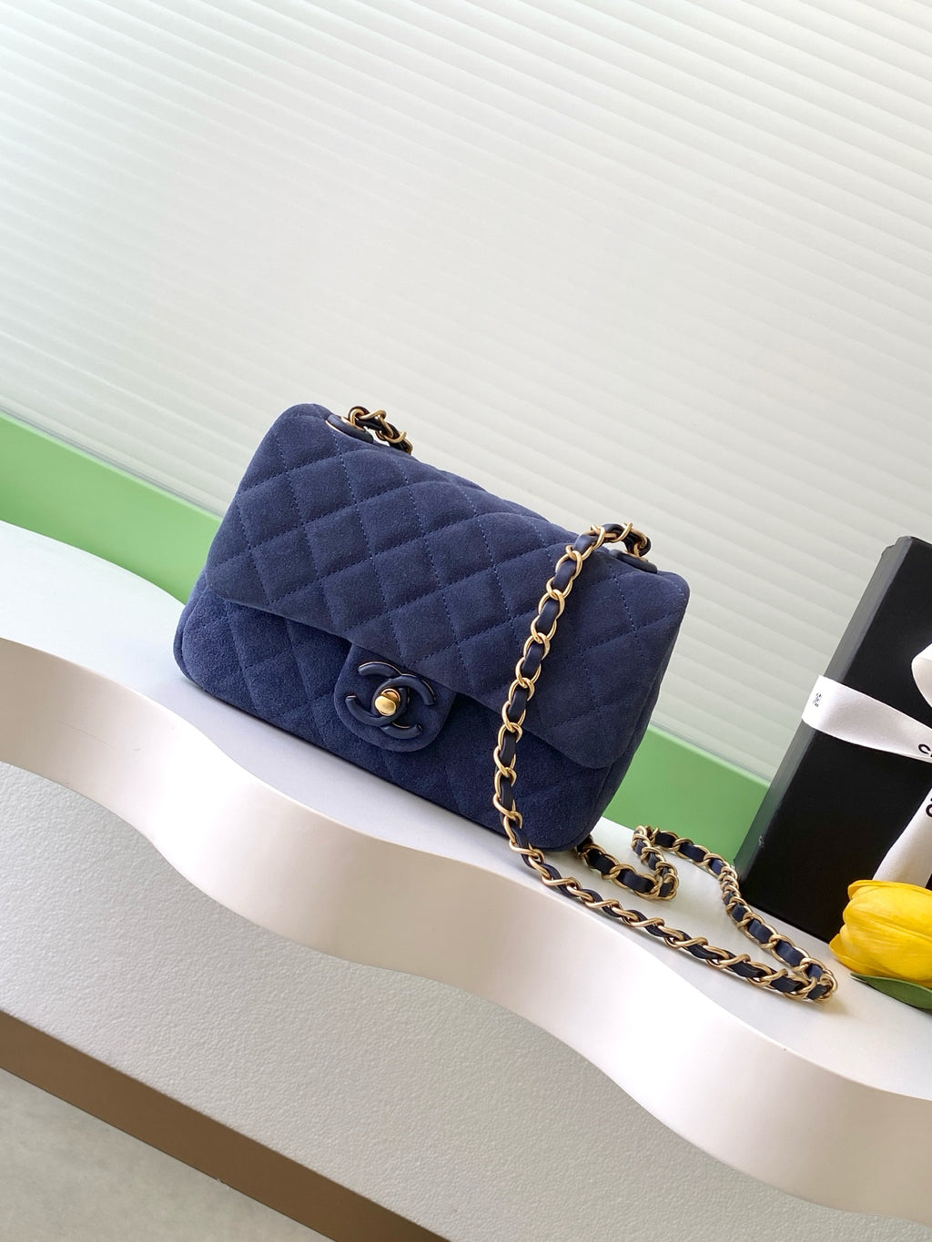 Chanel Classic Flap Bag Mini Navy Blue Suede 26C — 14x20x6cm