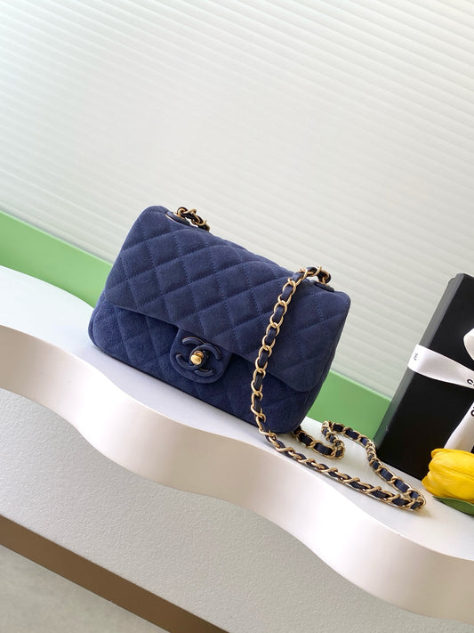 Chanel Classic Flap Bag Mini Navy Blue Suede 26C — 14x20x6cm