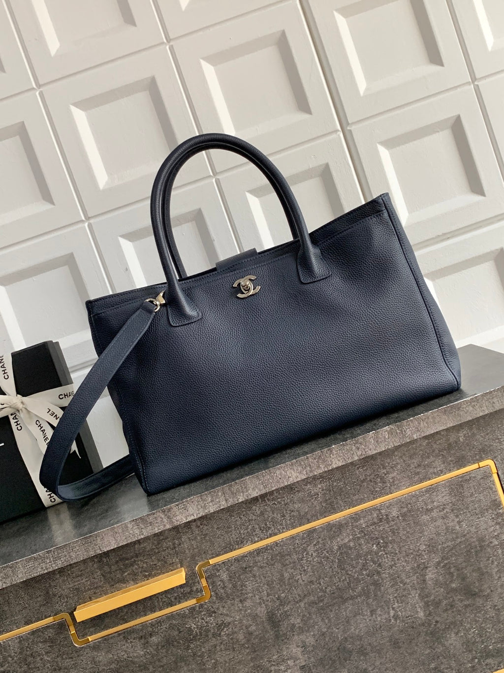 Chanel Executive Cerf Tote — Midnight Navy Caviar Leather with Silver Hardware