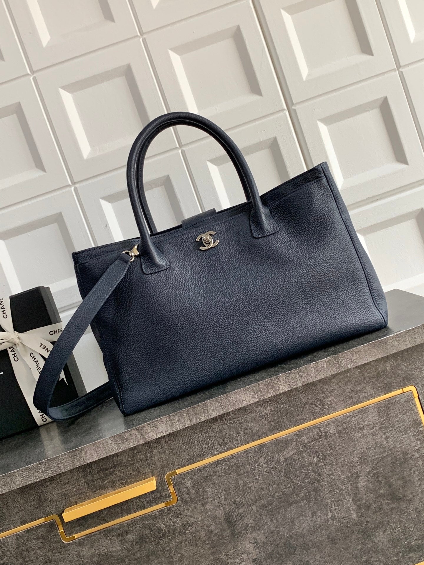 Chanel Executive Cerf Tote — Midnight Navy Caviar Leather with Silver Hardware