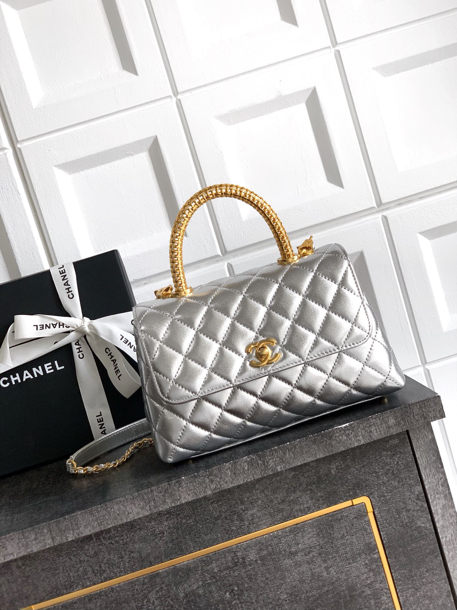 Chanel Coco Handle 23 Platinum Silver Gold Diamond Handle 25A