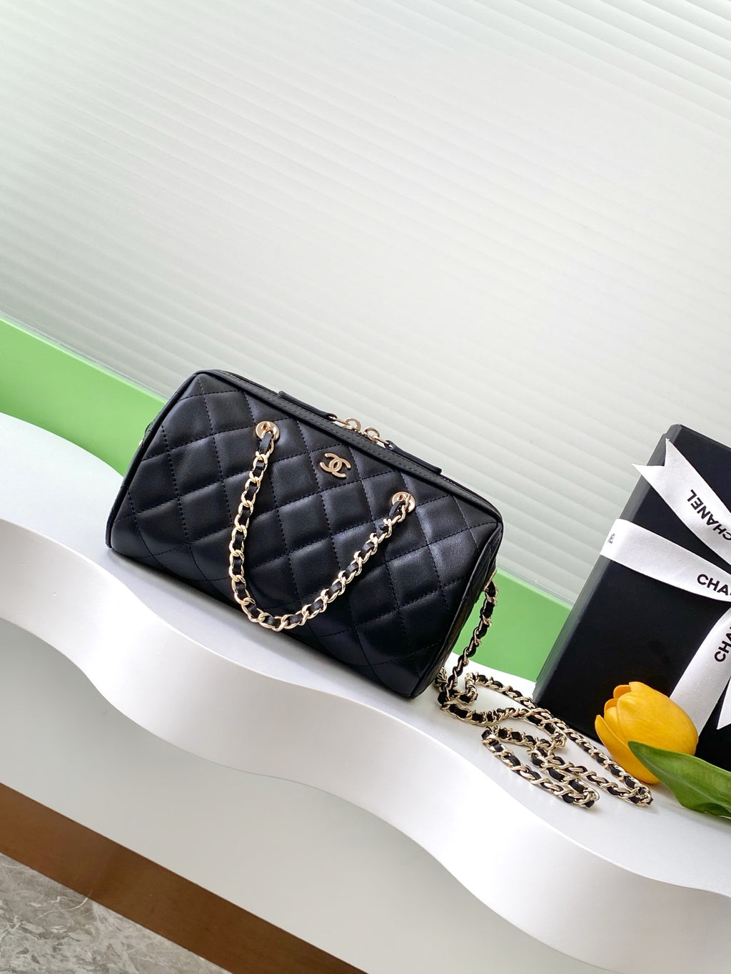 Chanel 25P Quilted Lambskin Bowling Bag — Black with Silver Hardware