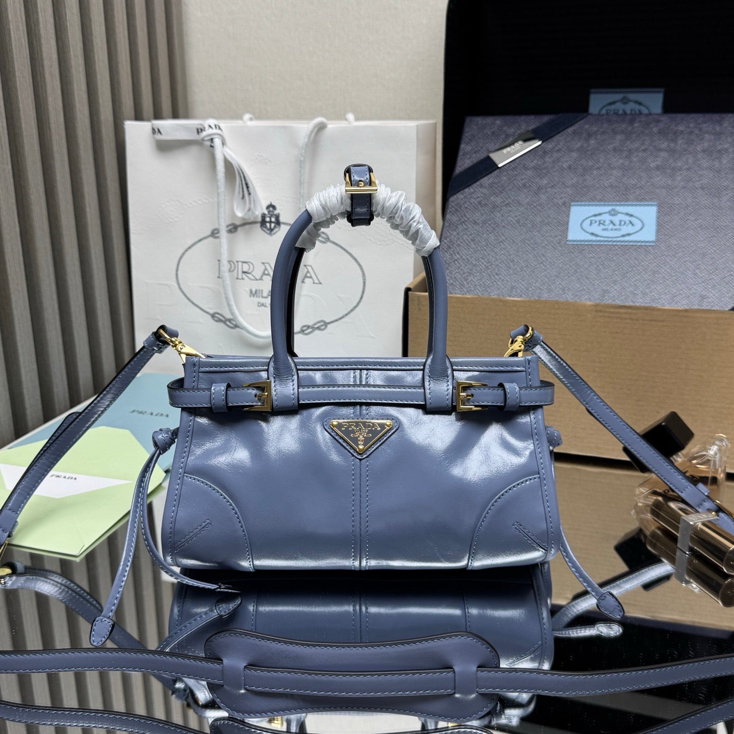 Prada Bonnie Mini Bag – Slate Blue Glazed Leather