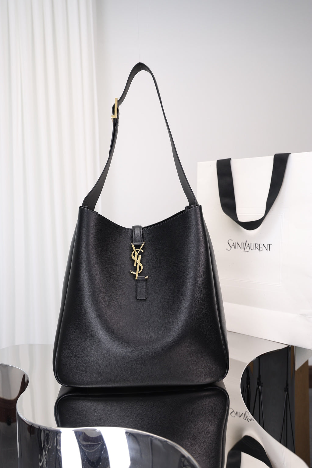 Saint Laurent Le 5 à 7 Hobo Small — Black Grained Leather with Silver Hardware
