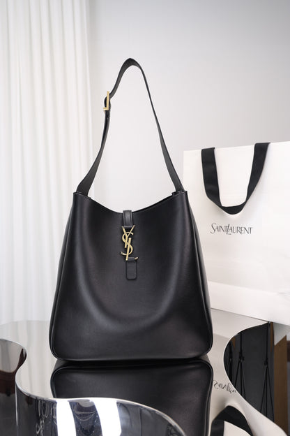 Saint Laurent Le 5 à 7 Hobo Small — Black Grained Leather with Silver Hardware