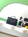 Chanel 26P Quilted Denim Vanity Case — Dark Navy with Gold Stitching