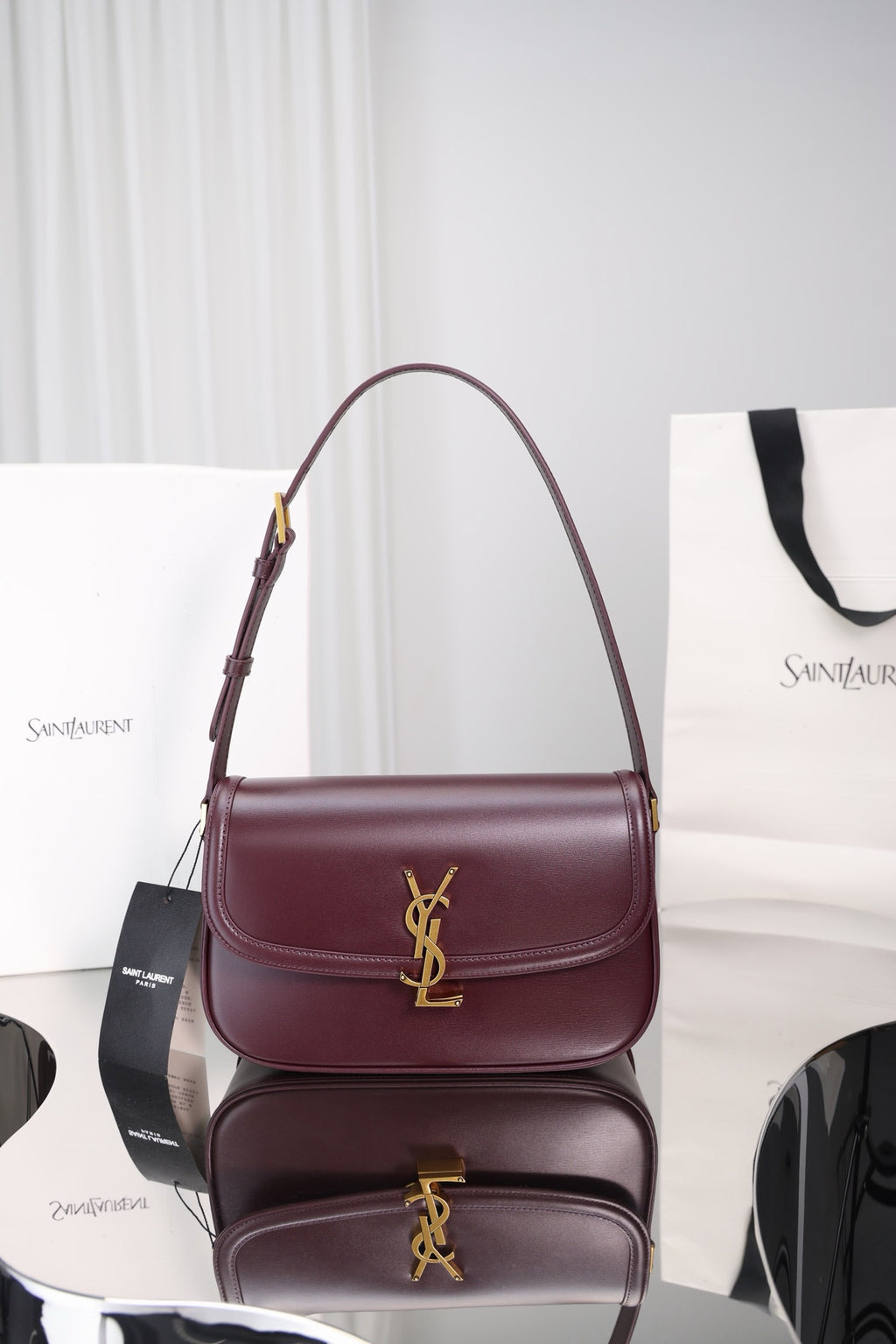 Saint Laurent Solfegino Small Bag — Burgundy Box Leather with Antique Gold Hardware