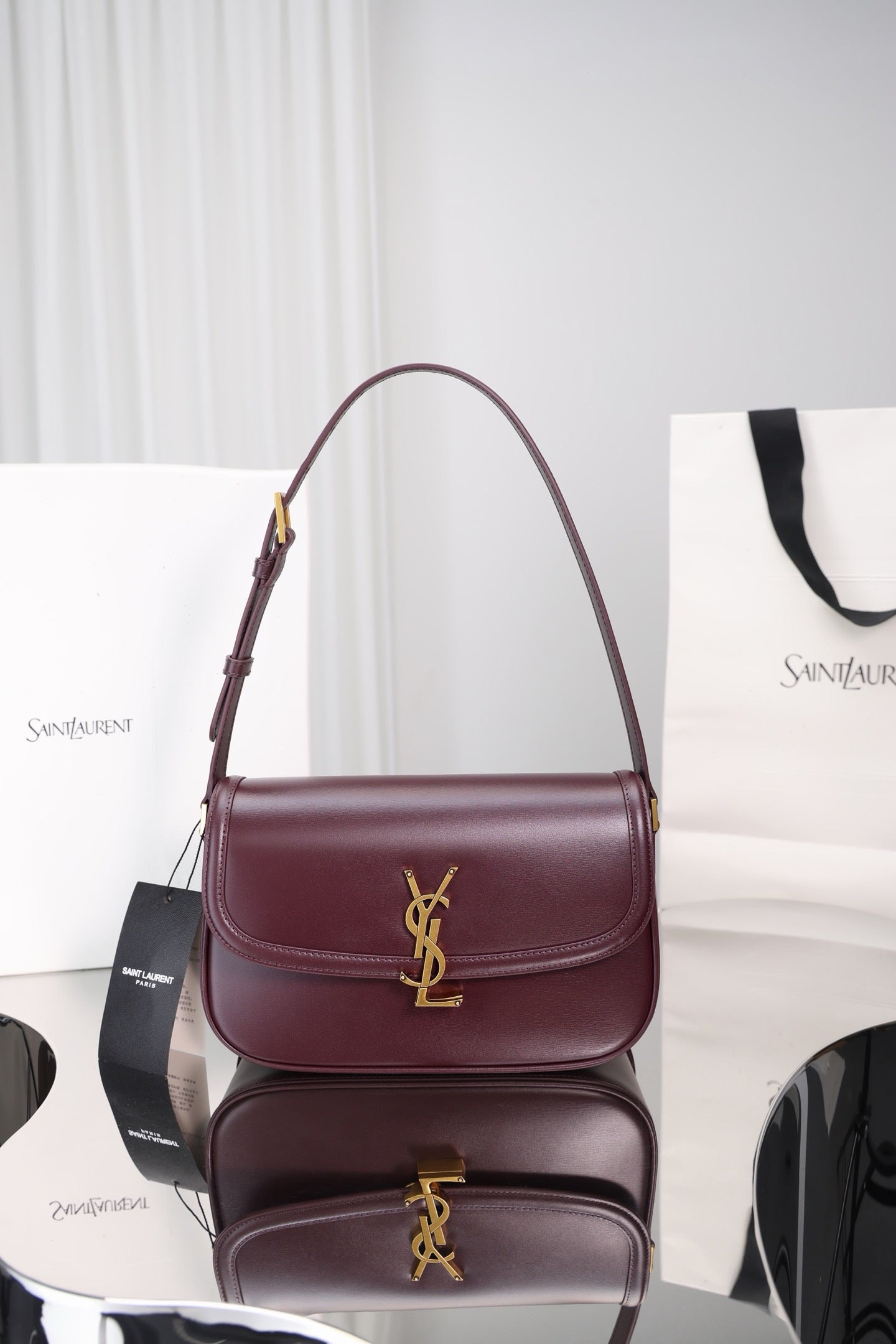 Saint Laurent Solfegino Small Bag — Burgundy Box Leather with Antique Gold Hardware