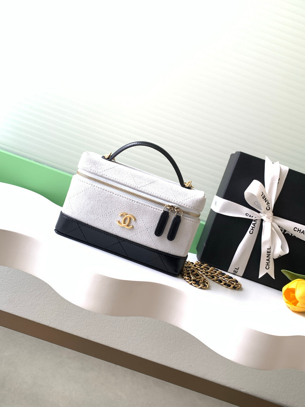 Chanel 26S Vanity Case — White Quilted Fabric & Black Lambskin with Gold Hardware