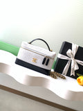 Chanel 26S Vanity Case — White Quilted Fabric & Black Lambskin with Gold Hardware