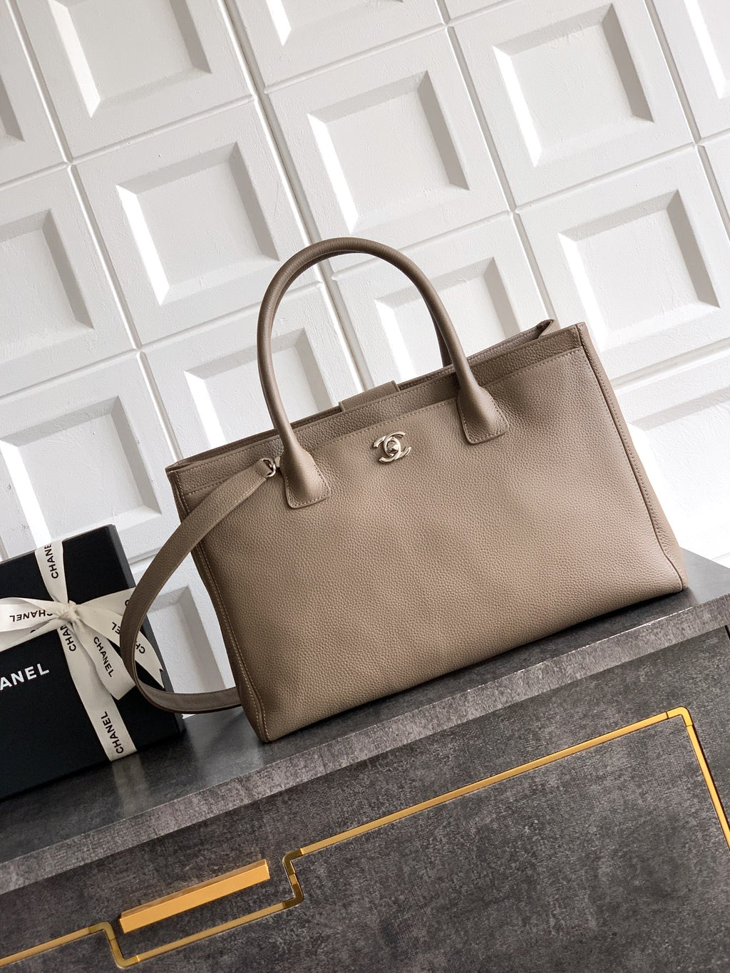 Chanel Executive Cerf Tote — Dark Taupe Caviar Leather with Gold Hardware
