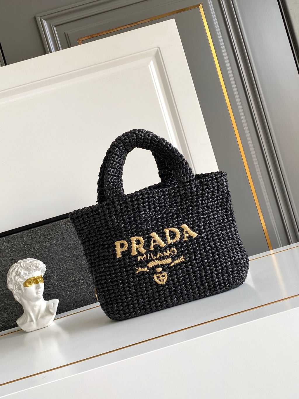Prada Small Raffia Crochet Tote Bag with Embroidered Logo — Black
