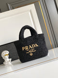 Prada Small Raffia Crochet Tote Bag with Embroidered Logo — Black