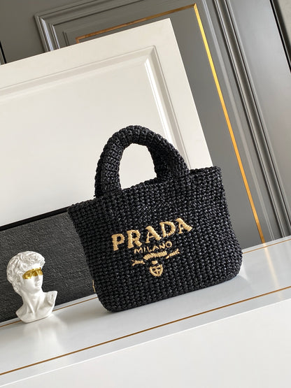 Prada Small Raffia Crochet Tote Bag with Embroidered Logo — Black