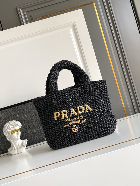 Prada Small Raffia Crochet Tote Bag with Embroidered Logo — Black