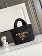 Prada Small Raffia Crochet Tote Bag with Embroidered Logo — Black