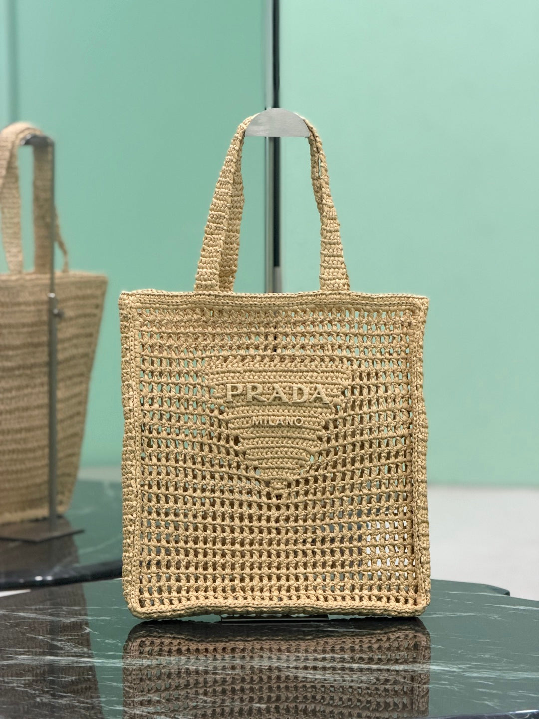 Prada Raffia Crochet Tote Bag with Embroidered Logo — Natural