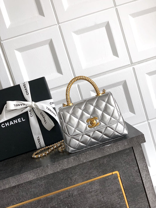 Chanel Coco Handle Small 14 Platinum Silver Gold Diamond Handle 25A