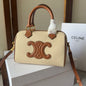 Celine Mini Boston Bag in Natural Linen Canvas with Tan Leather Trim and Maxi Triomphe Patch