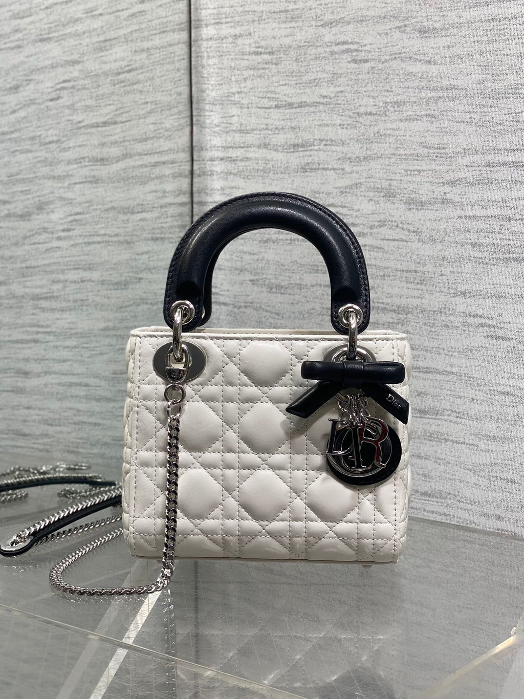 Dior Lady Dior Mini Bag White Cannage Lambskin Black Handle Bow Silver Hardware