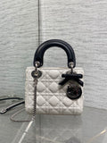 Dior Lady Dior Mini Bag White Cannage Lambskin Black Handle Bow Silver Hardware