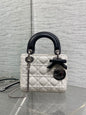 Dior Lady Dior Mini Bag White Cannage Lambskin Black Handle Bow Silver Hardware