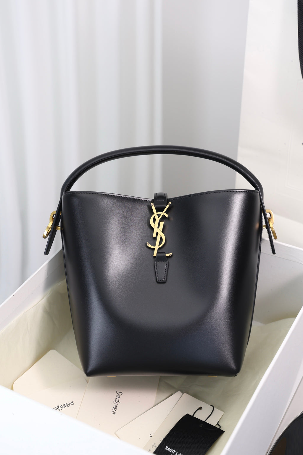 Saint Laurent Le 37 Small Bucket Bag — Black Shiny Leather with Antique Gold Hardware
