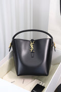 Saint Laurent Le 37 Small Bucket Bag — Black Shiny Leather with Antique Gold Hardware