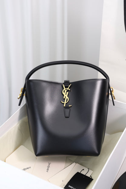 Saint Laurent Le 37 Small Bucket Bag — Black Shiny Leather with Antique Gold Hardware