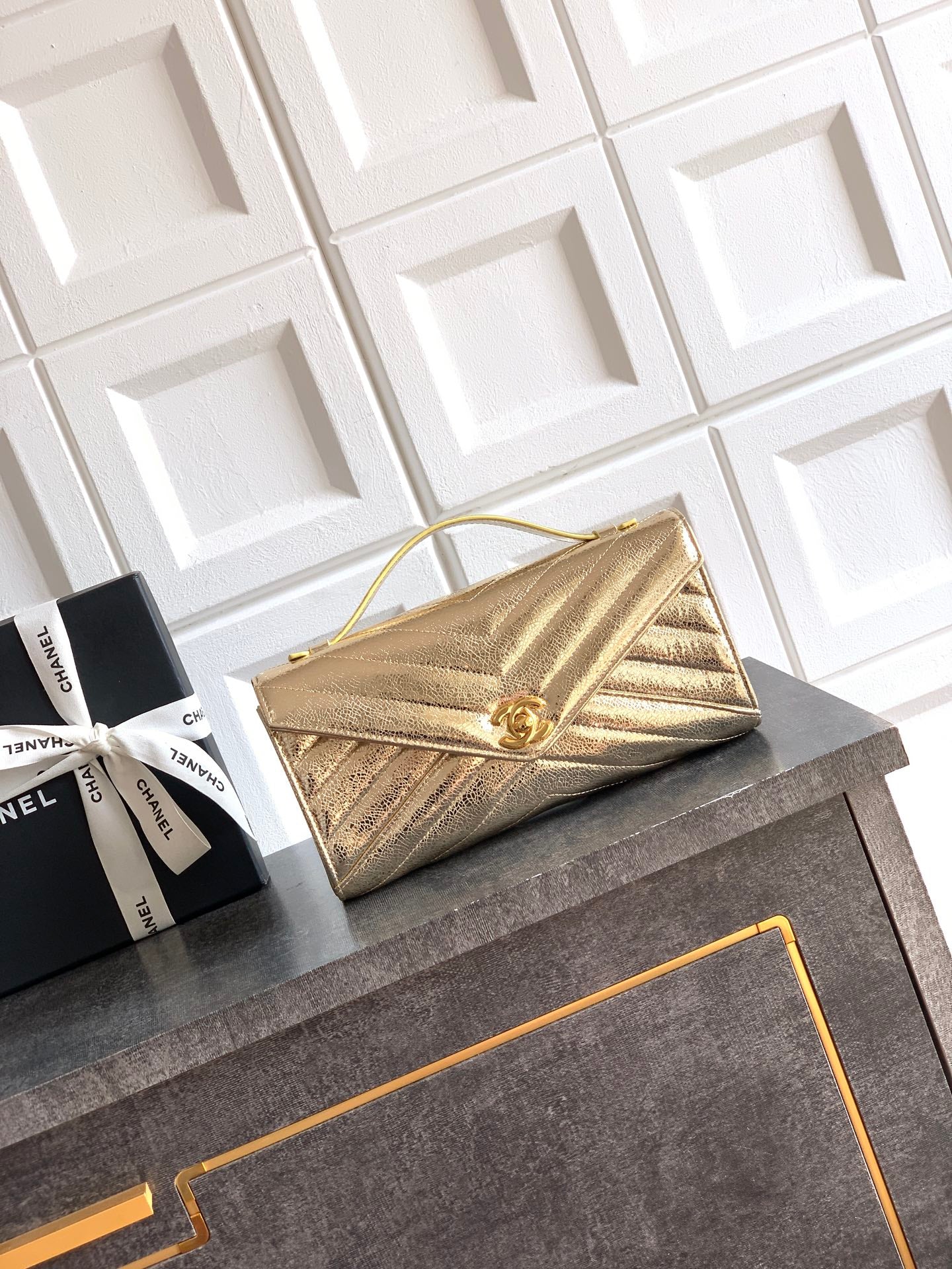 Chanel 26X Luminous Gold Metallic Woven Clutch Bag