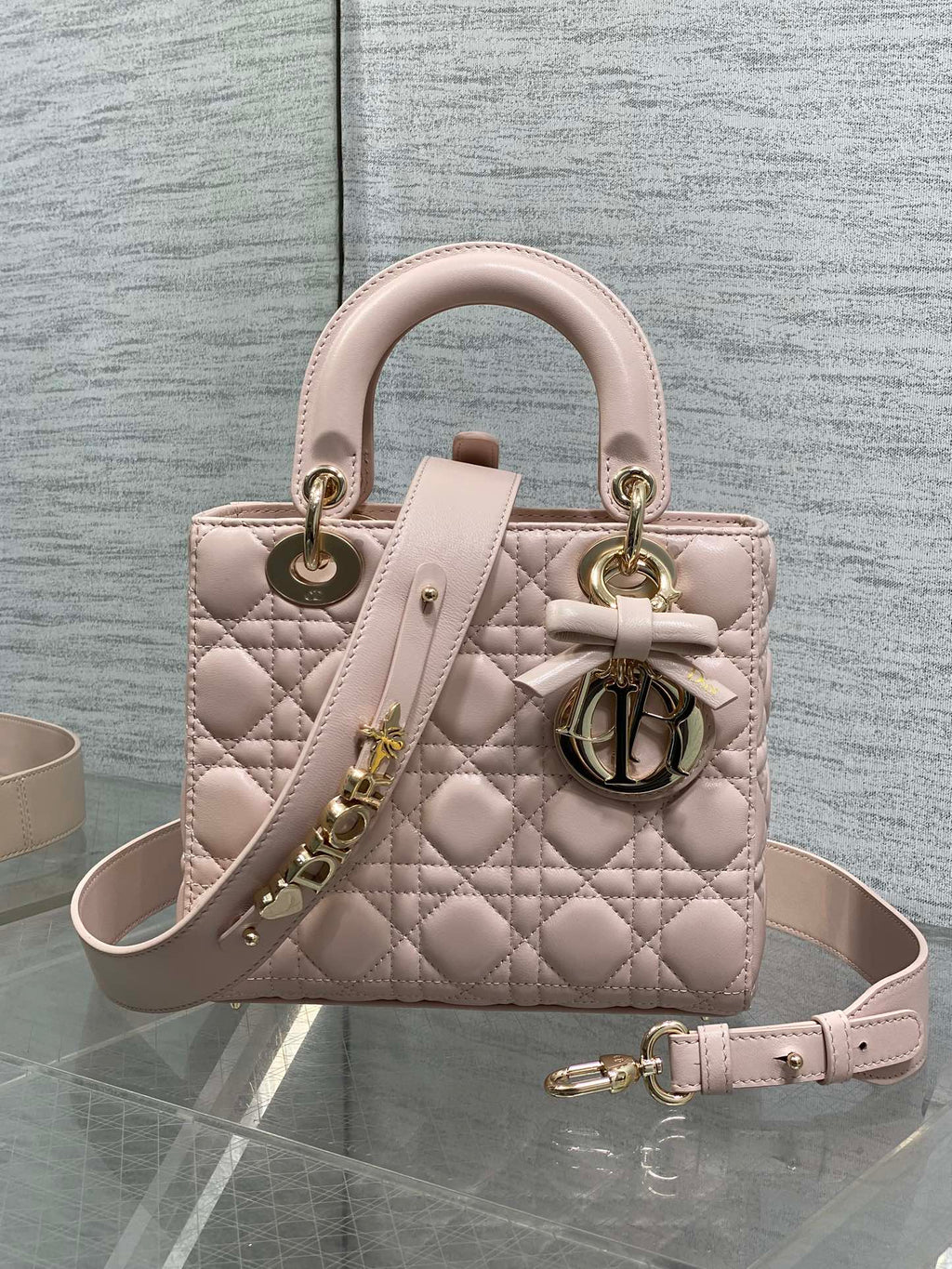 Dior Lady Dior Medium Bag Powder Pink Cannage Lambskin Bow Gold Hardware