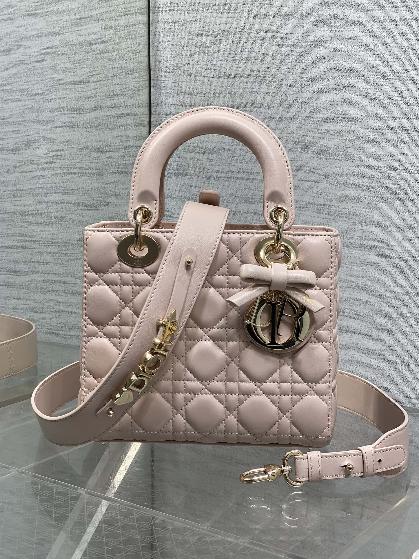 Dior Lady Dior Medium Bag Powder Pink Cannage Lambskin Bow Gold Hardware
