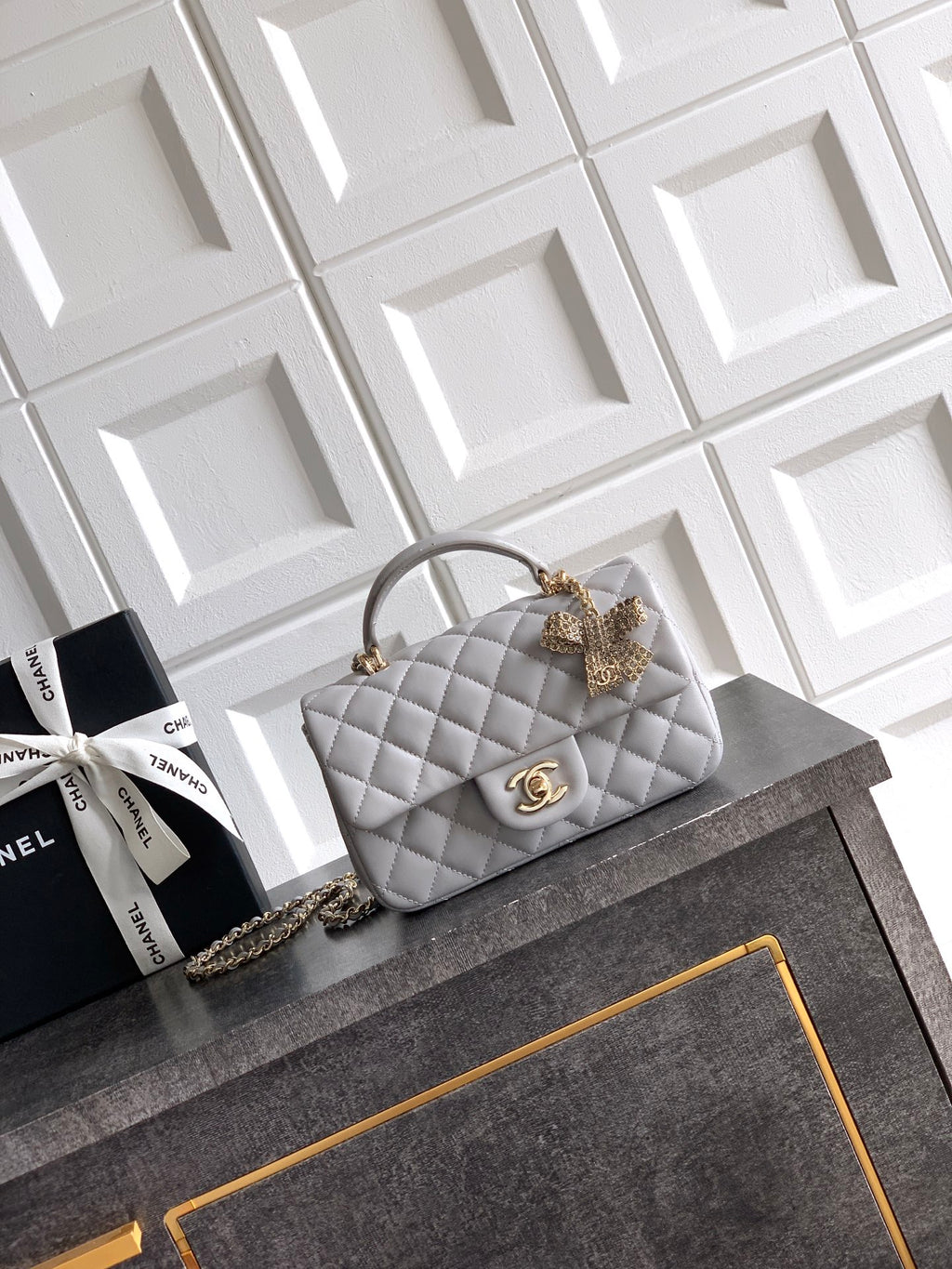 Chanel 25K Coco Handle Mini CF — Light Grey Lambskin with Crystal Bow & Gold Hardware