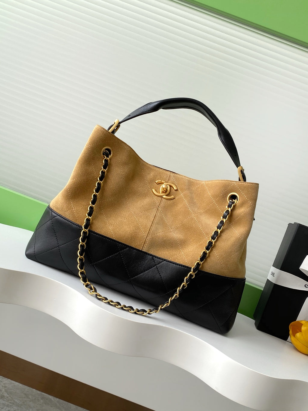Chanel 25A Métiers d'Art Tote — Camel Suede & Black Caviar Leather with Gold Hardware