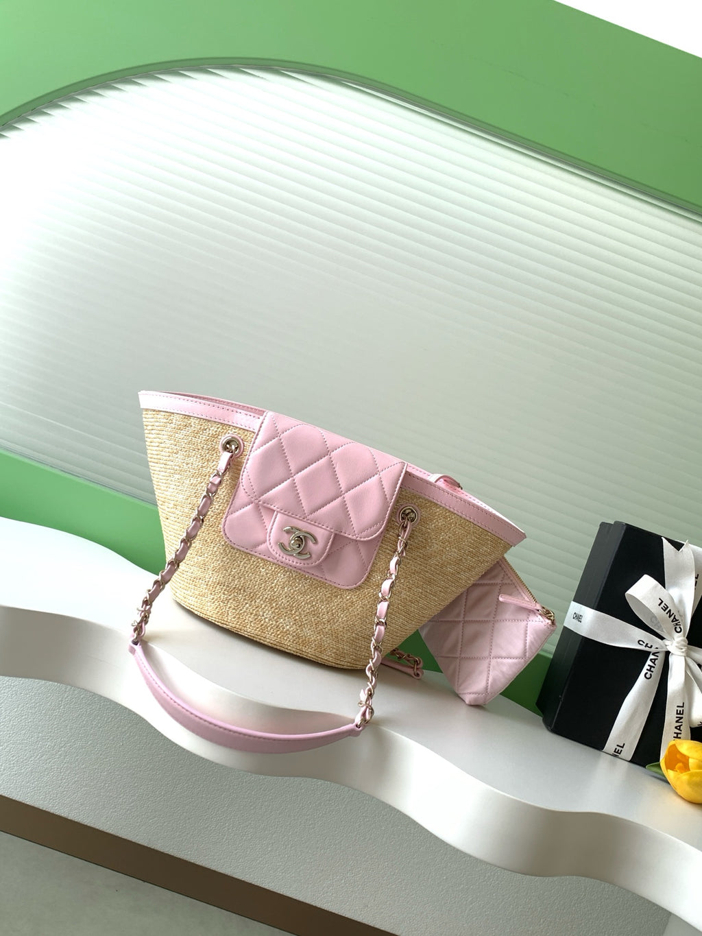 Chanel 26C Raffia Basket Bag Pink Lambskin Small