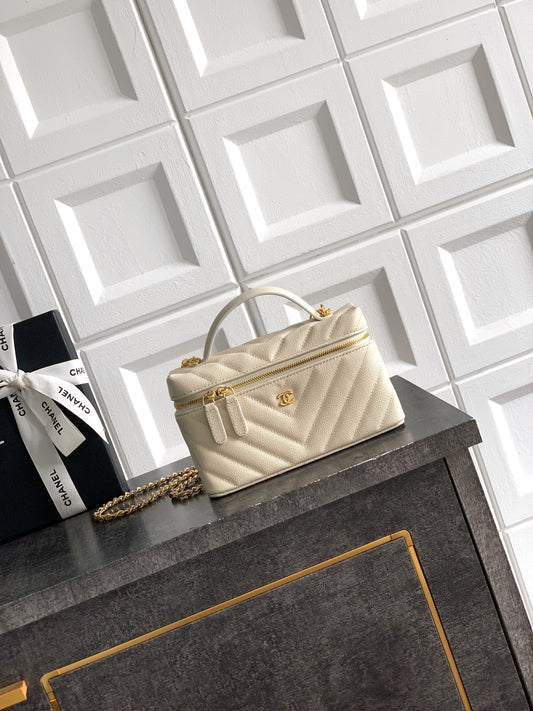 Chanel 26P Lunchbox Vanity Bag — Cream Beige Caviar Leather with Antique Gold Hardware