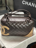 Chanel Cambon Bowler Bag Dark Brown Quilted Lambskin Beige CC Silver Hardware